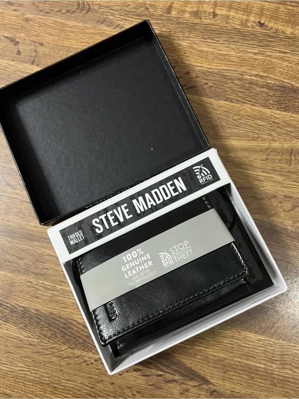 Steve Madden Black Leather Trifold Wallet with RFID Shielding